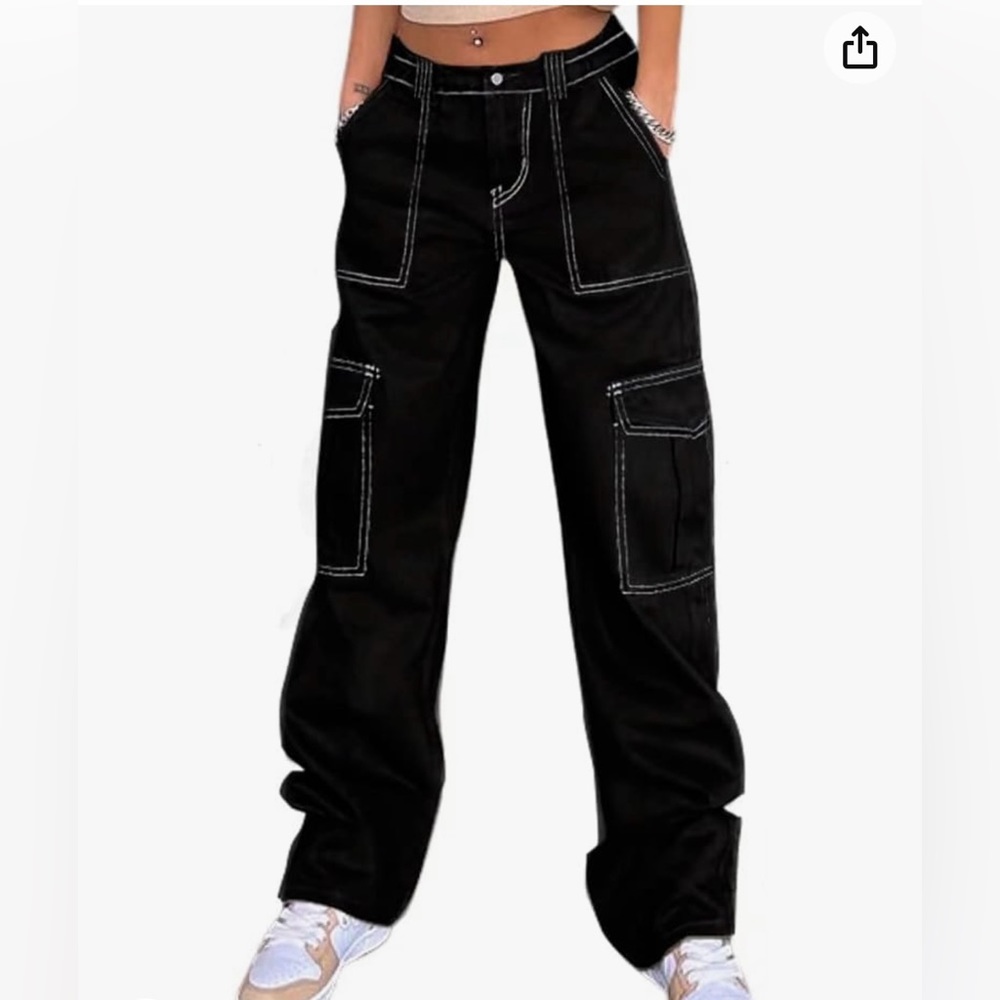 Size medium cargo pants black with white stitching